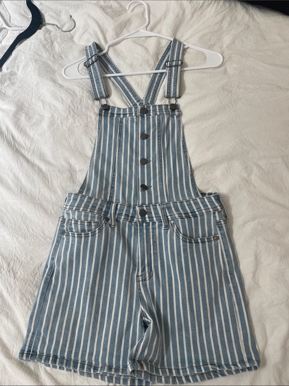 Guess Blue & White Striped Denim Short Overalls